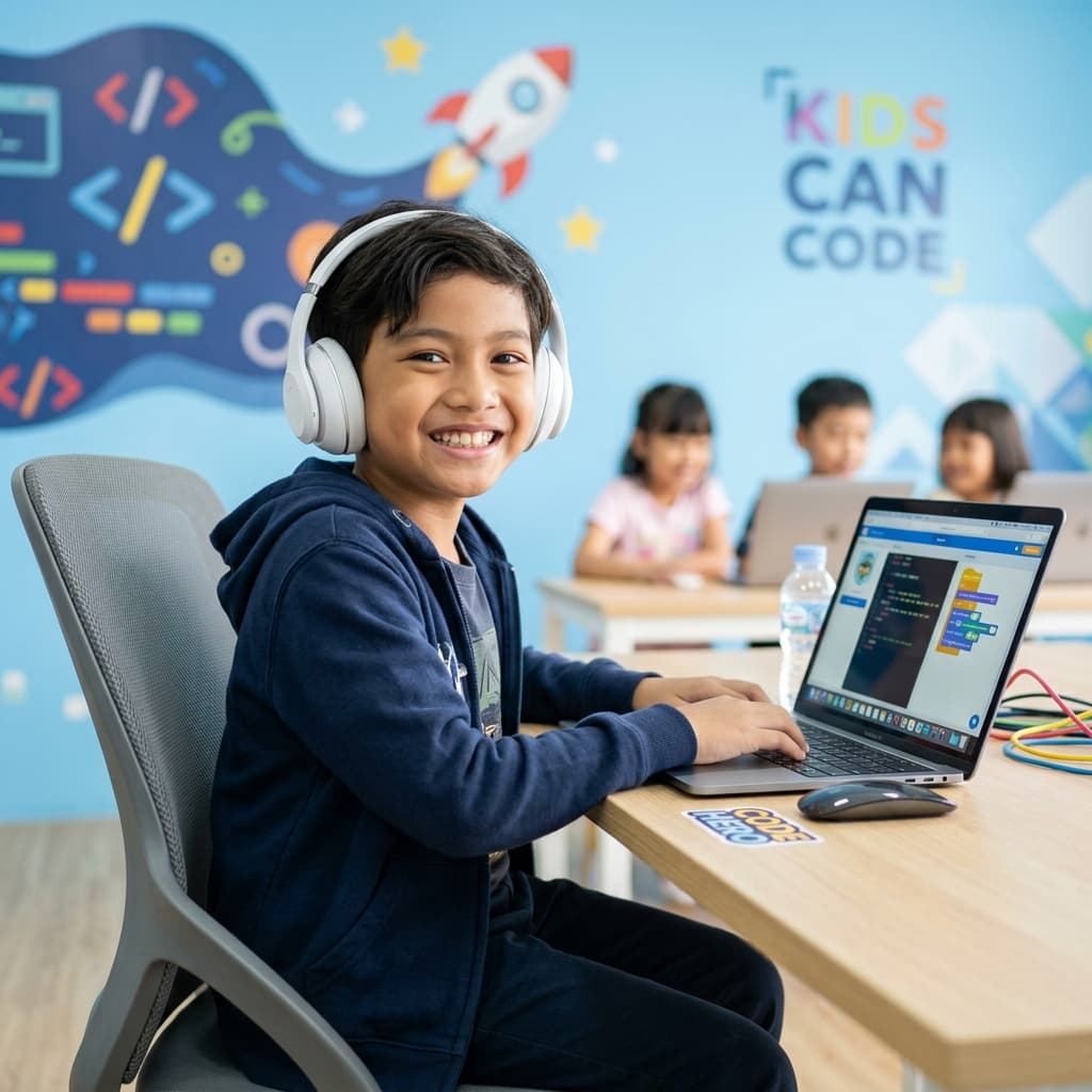 Child coding with headphones